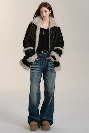 Blue Wash Distressed Straight-Leg Jeans