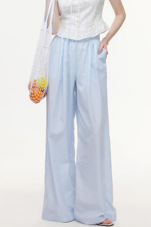 Blue & White Plaid High-Waisted Wide-Leg Pants