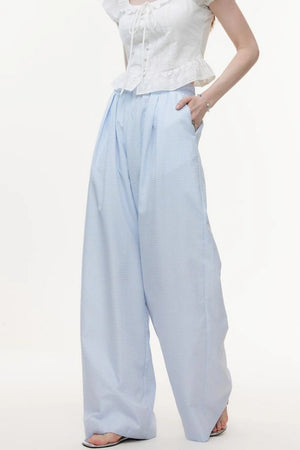 Blue & White Plaid High-Waisted Wide-Leg Pants