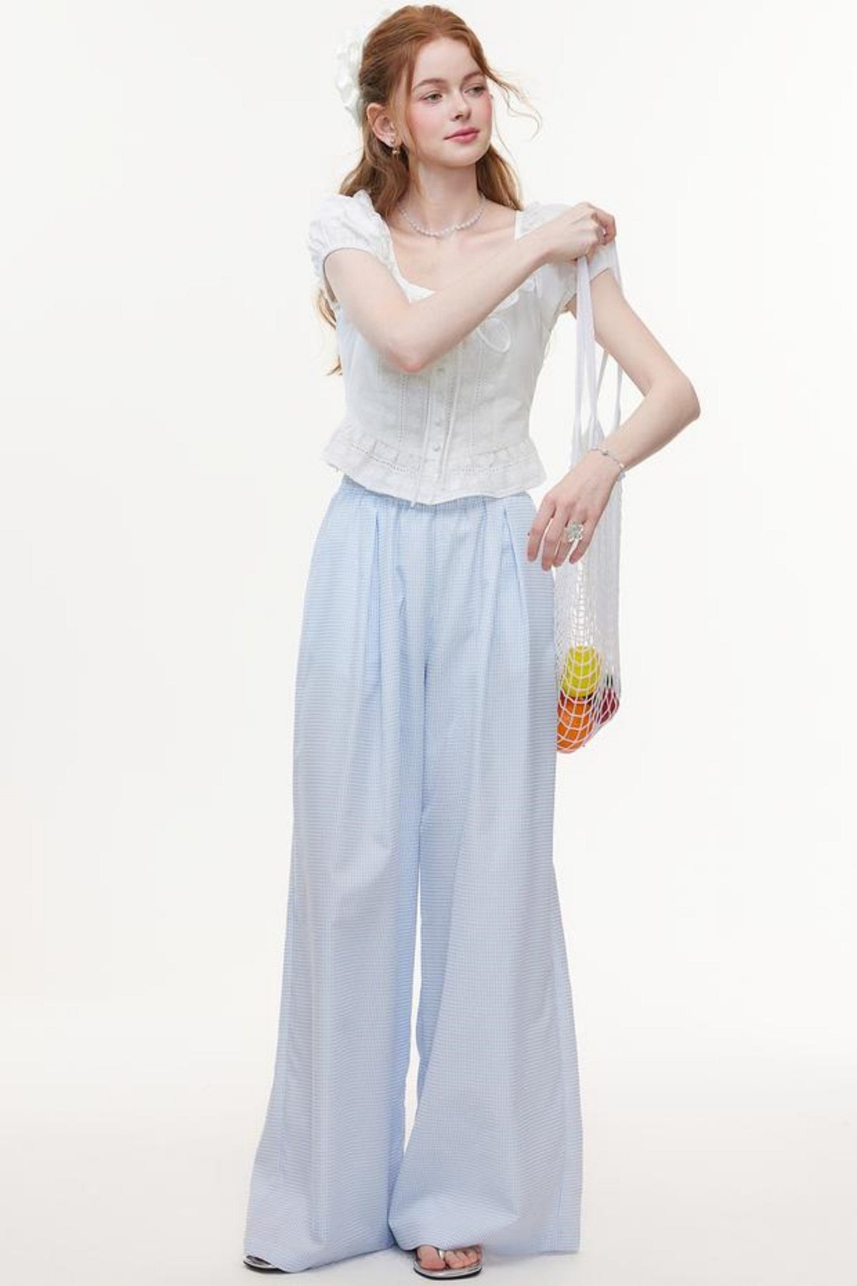 Blue & White Plaid High-Waisted Wide-Leg Pants