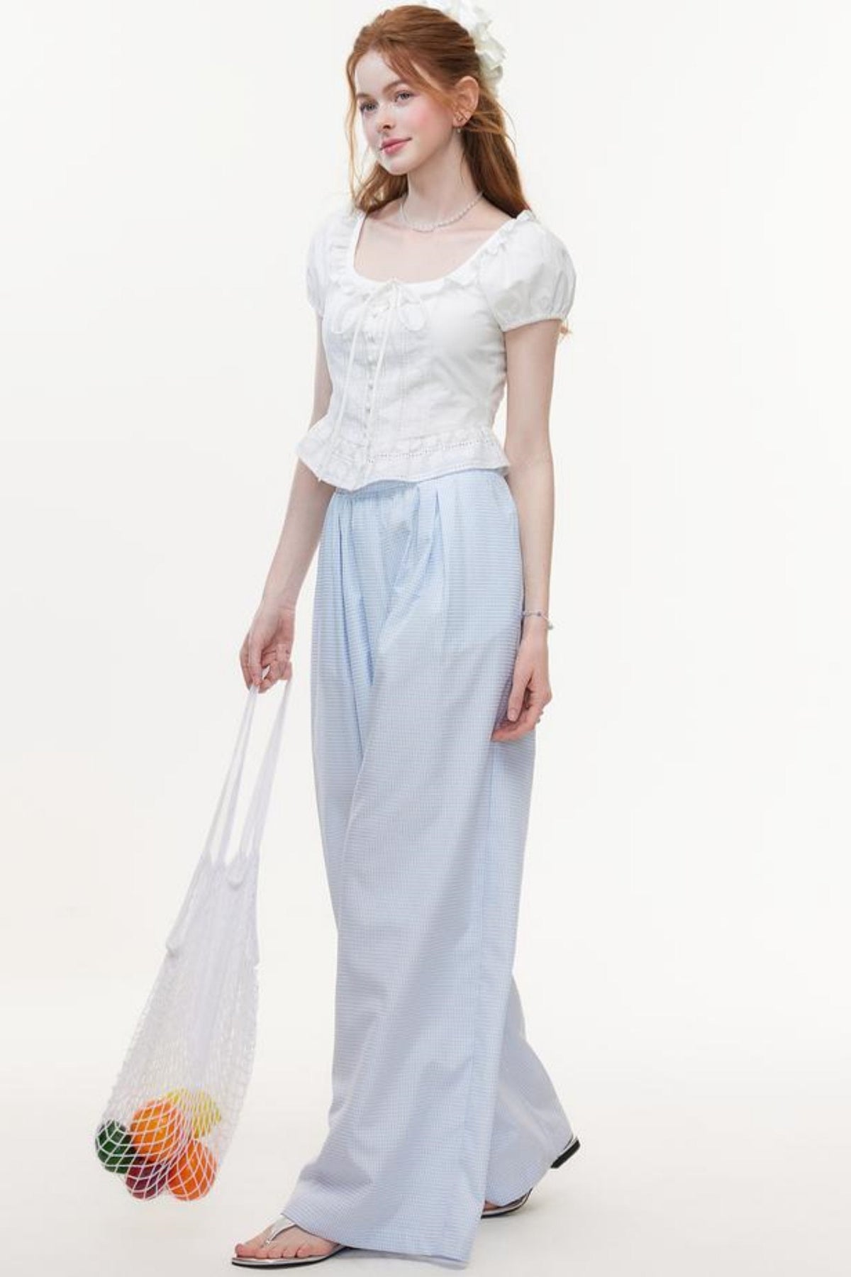 Blue & White Plaid High-Waisted Wide-Leg Pants