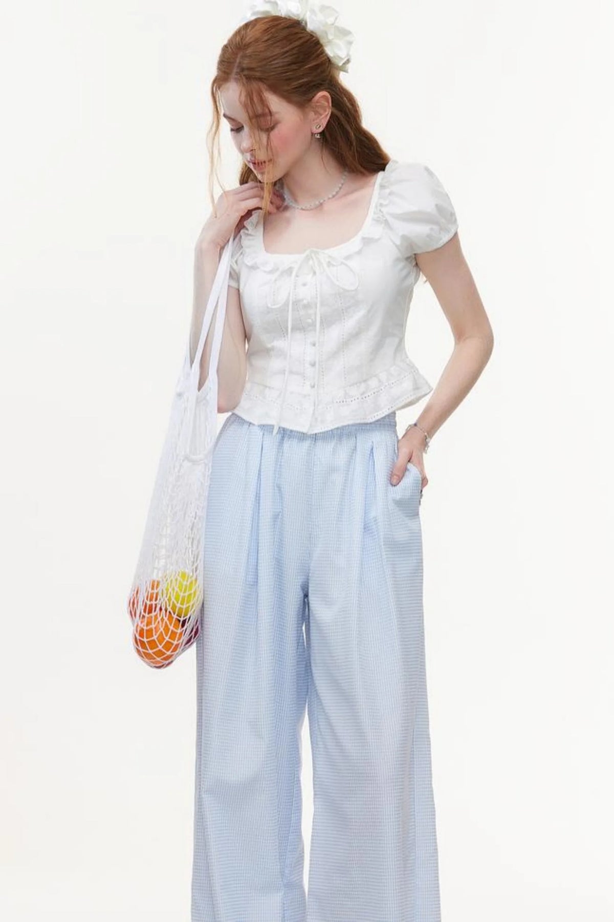 Blue & White Plaid High-Waisted Wide-Leg Pants