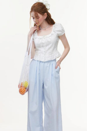 Blue & White Plaid High-Waisted Wide-Leg Pants