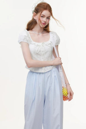 Blue & White Plaid High-Waisted Wide-Leg Pants