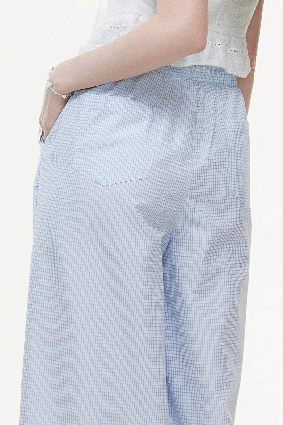 Blue & White Plaid High-Waisted Wide-Leg Pants