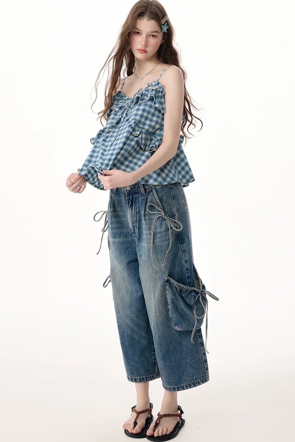 Blue White Plaid Ruffle Camisole