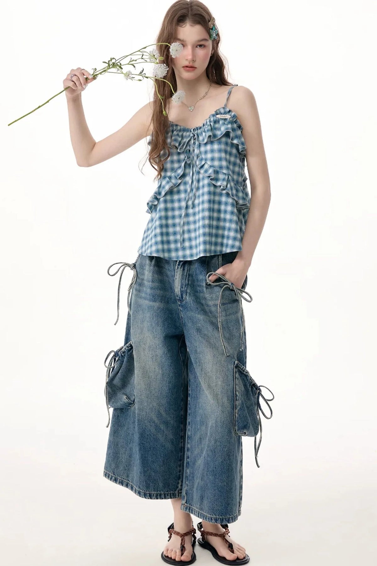 Blue White Plaid Ruffle Camisole