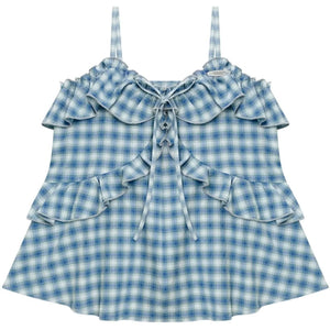 Blue White Plaid Ruffle Camisole