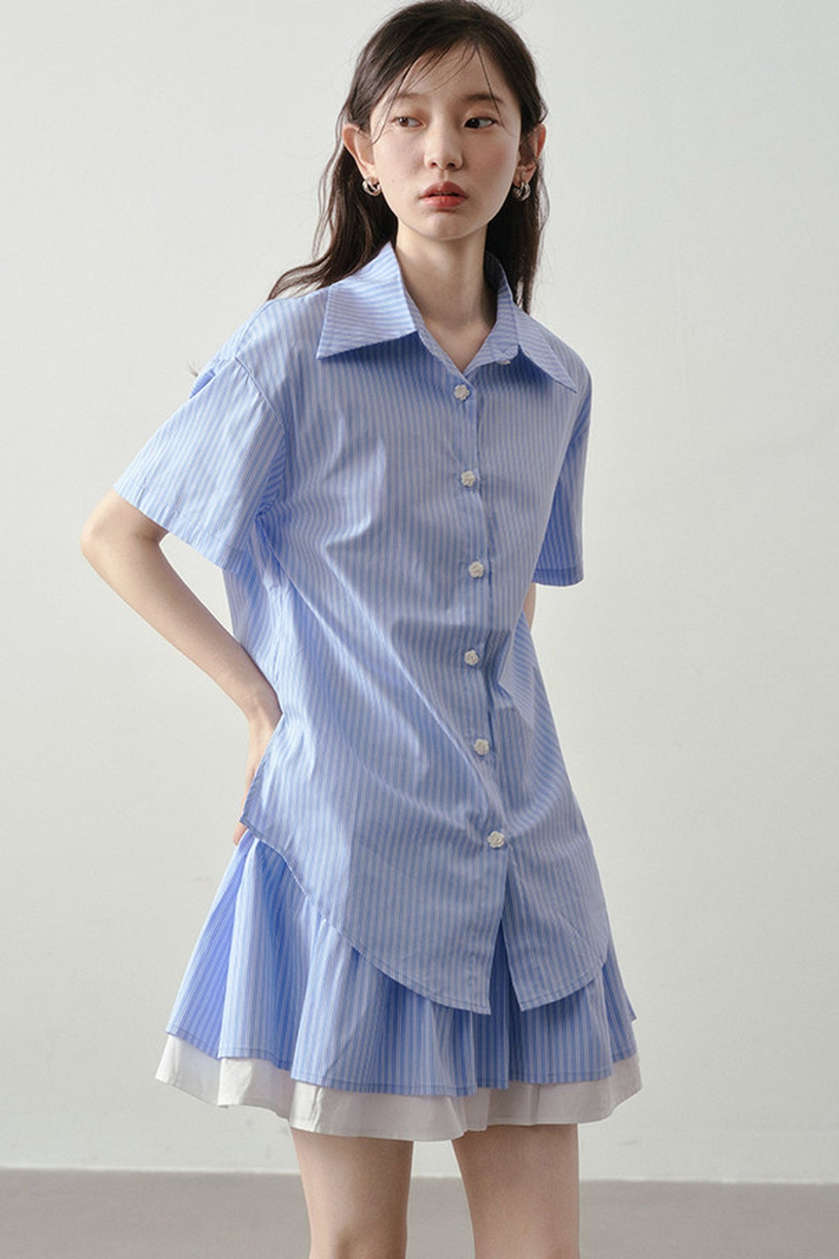 Blue White Striped Shirt and Pleated Skirt Set