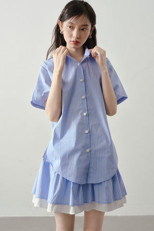 Blue White Striped Shirt and Pleated Skirt Set