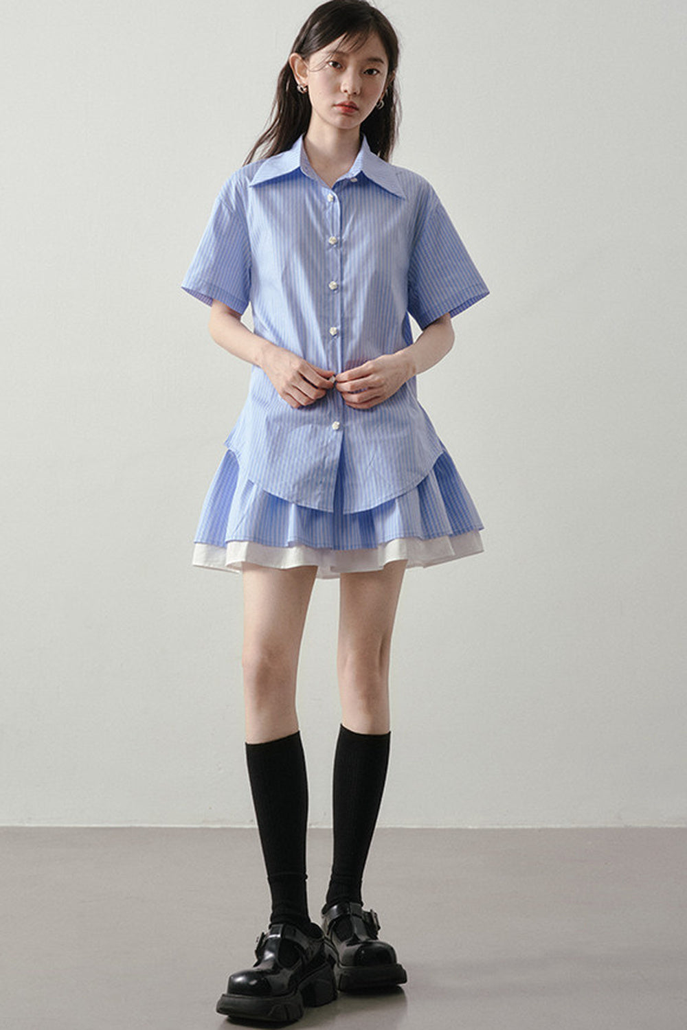 Blue White Striped Shirt and Pleated Skirt Set