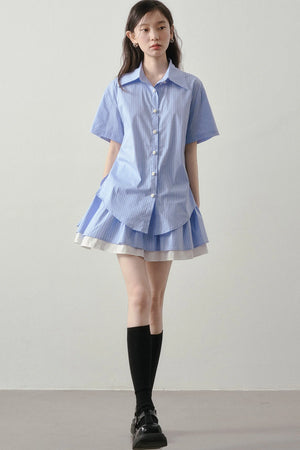 Blue White Striped Shirt and Pleated Skirt Set