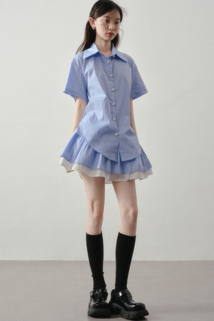 Blue White Striped Shirt and Pleated Skirt Set
