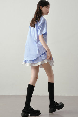 Blue White Striped Shirt and Pleated Skirt Set