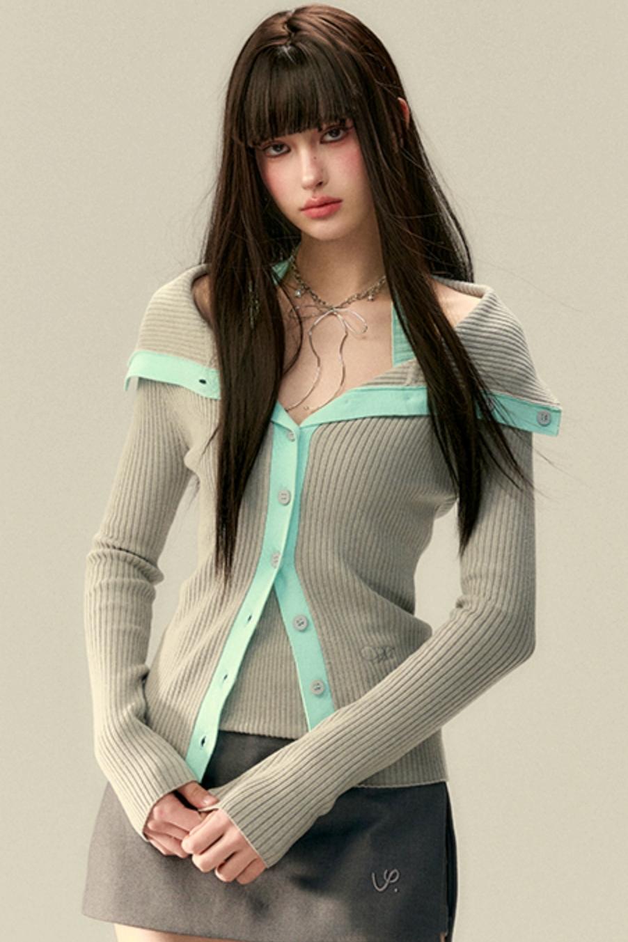 Bold Collar Contrast Cardigan Set-Up