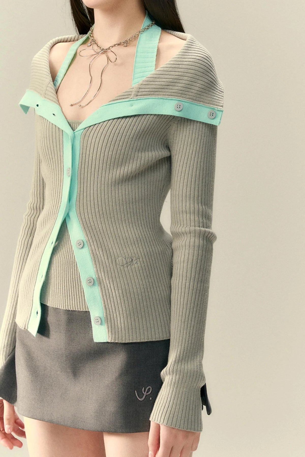 Bold Collar Contrast Cardigan Set-Up