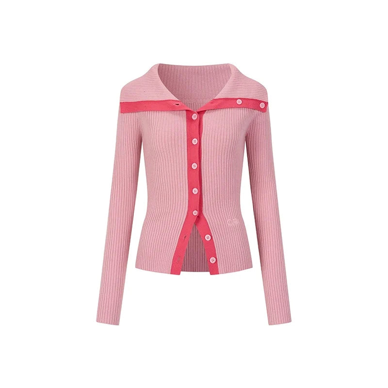 Bold Collar Contrast Cardigan Set-Up