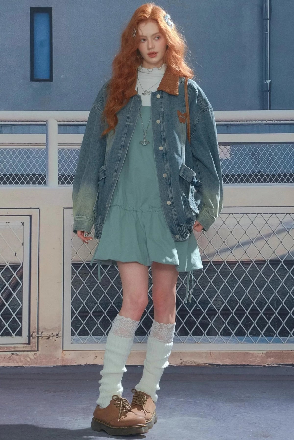 Bow Corduroy Collar Retro Denim Jacket