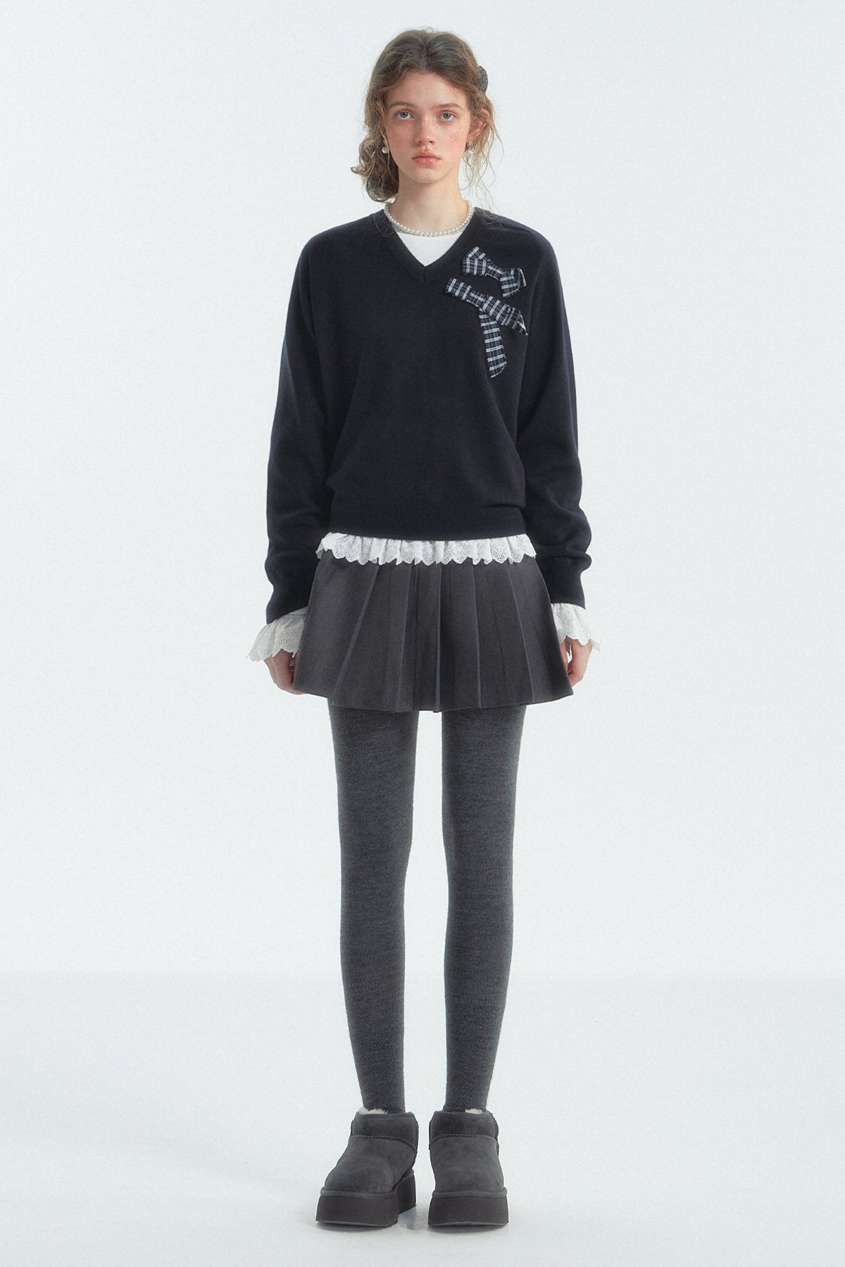 Bow Detail Checked V-Neck Jumper