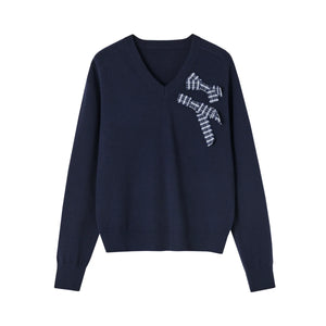 Bow Detail Checked V-Neck Jumper