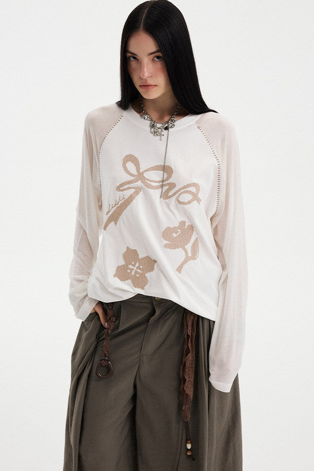 Bow Floral Spliced Long Sleeve Top