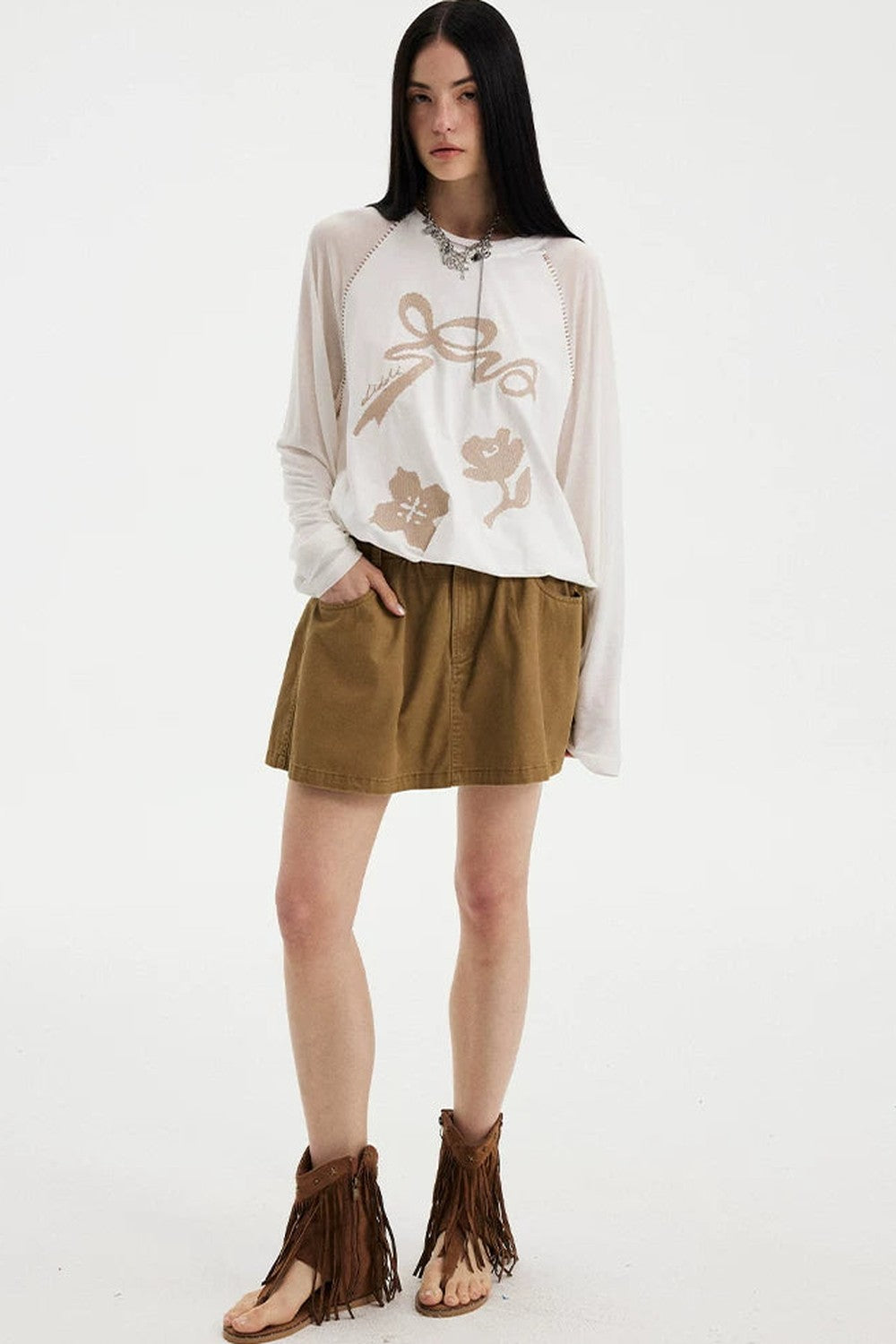 Bow Floral Spliced Long Sleeve Top