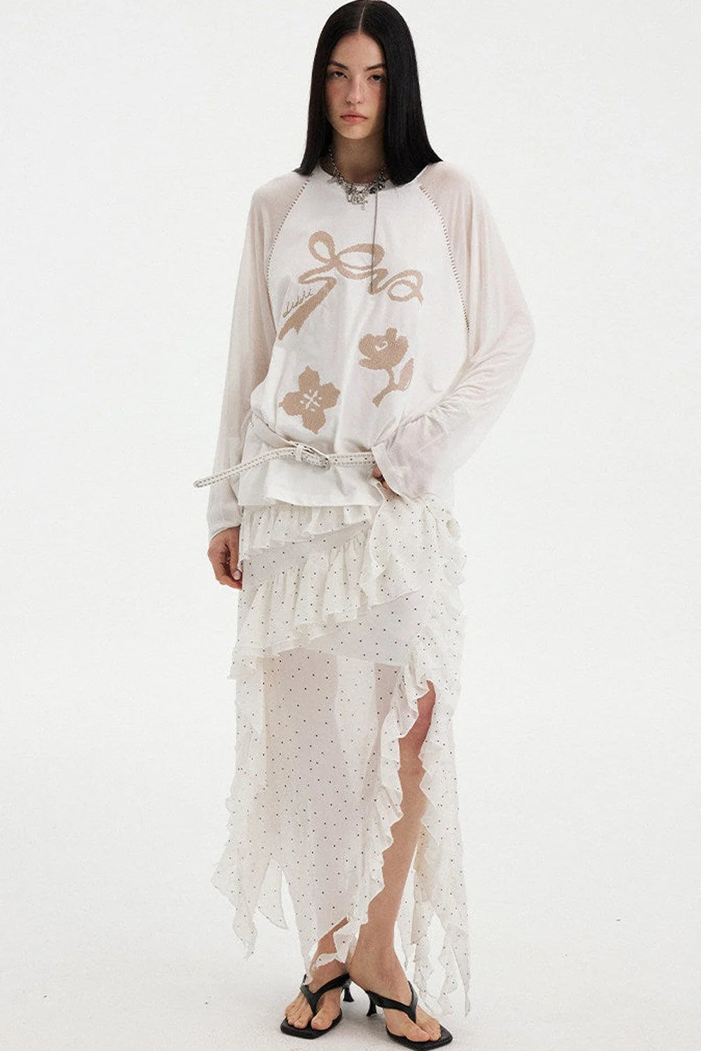 Bow Floral Spliced Long Sleeve Top