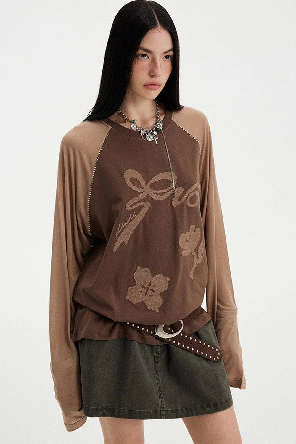 Bow Floral Spliced Long Sleeve Top