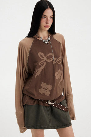 Bow Floral Spliced Long Sleeve Top