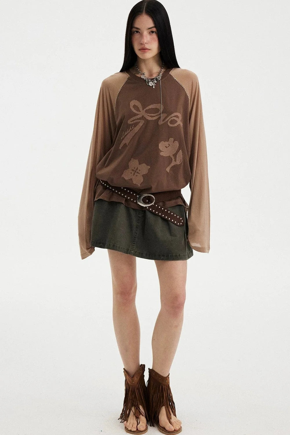 Bow Floral Spliced Long Sleeve Top