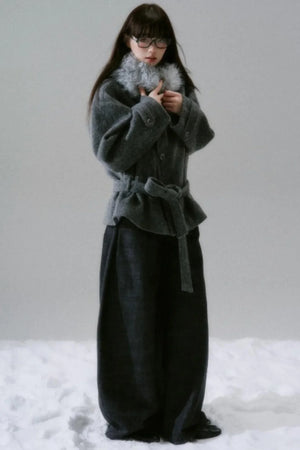Bow Fur Collar Wool Coat