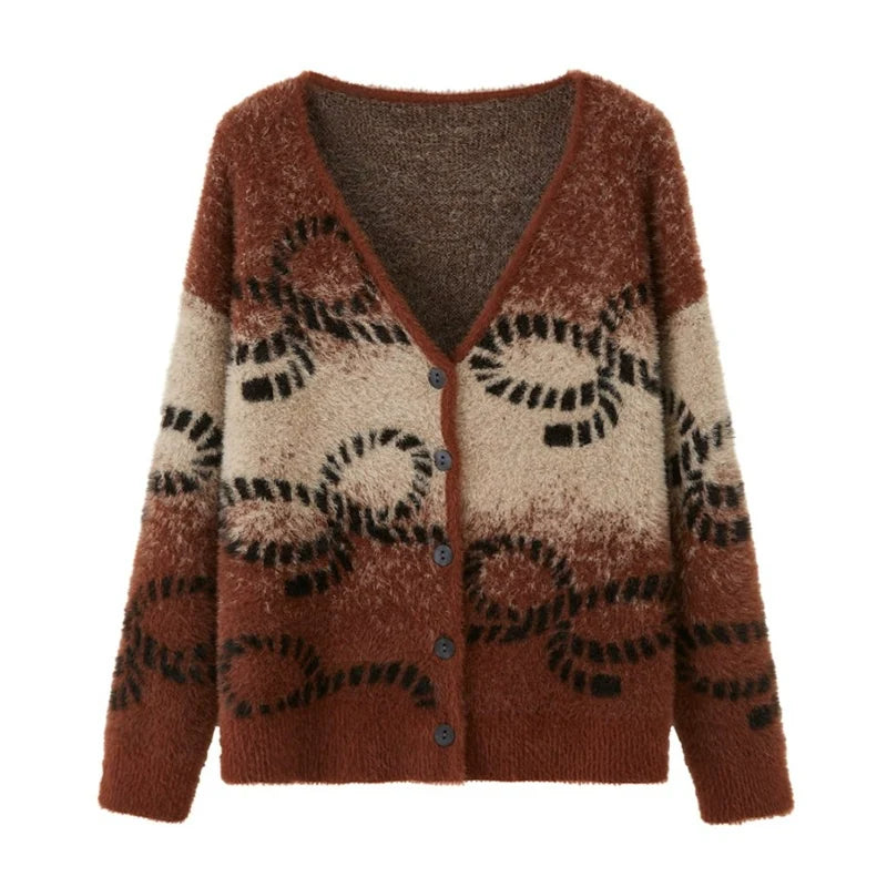 Bow Gradient V-Neck Knitted Cardigan
