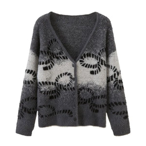 Bow Gradient V-Neck Knitted Cardigan