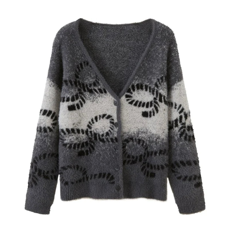 Bow Gradient V-Neck Knitted Cardigan