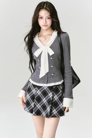 Bow Knit Fake Two-Piece College Top Set-Up
