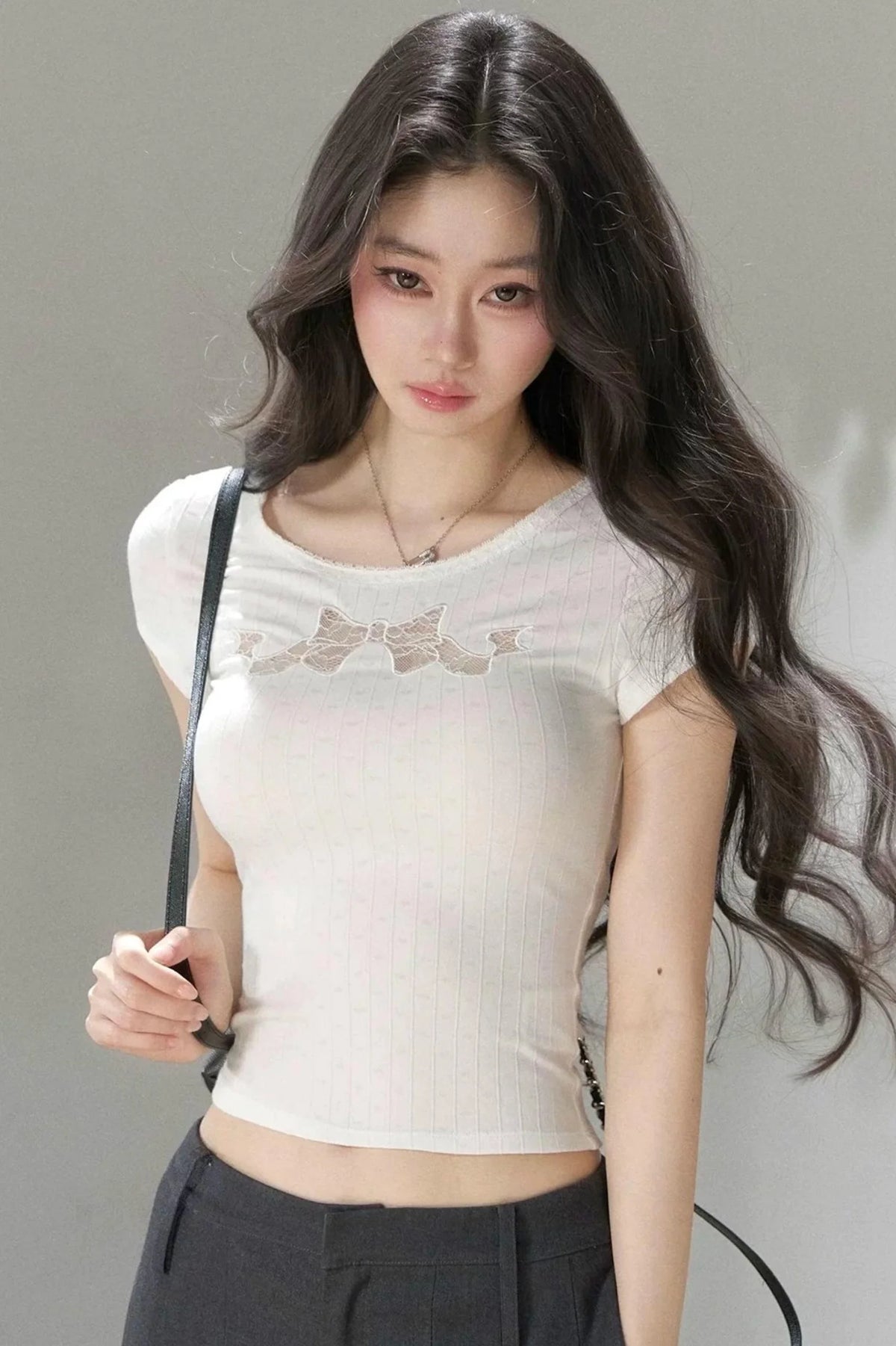 Bow Lace Cutout Short-Sleeve T-Shirt