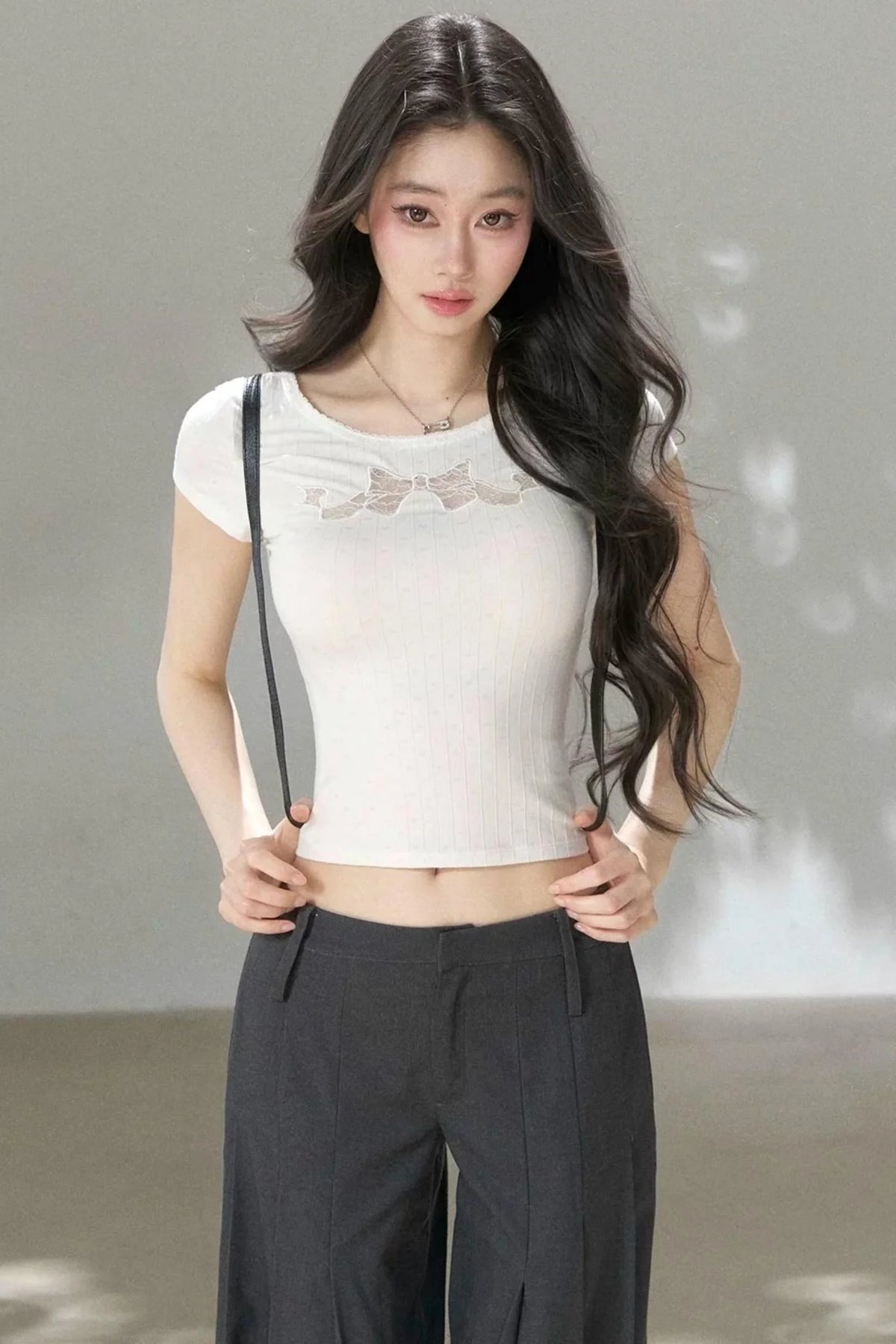 Bow Lace Cutout Short-Sleeve T-Shirt