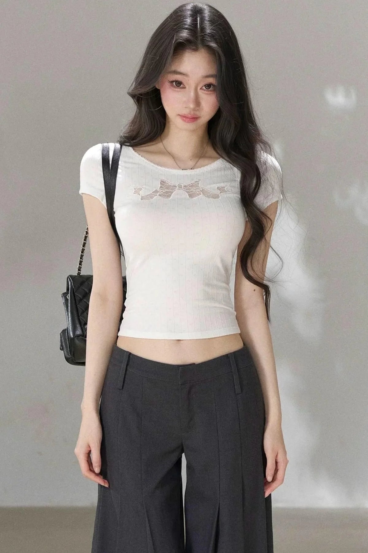 Bow Lace Cutout Short-Sleeve T-Shirt