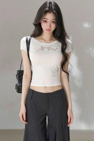 Bow Lace Cutout Short-Sleeve T-Shirt