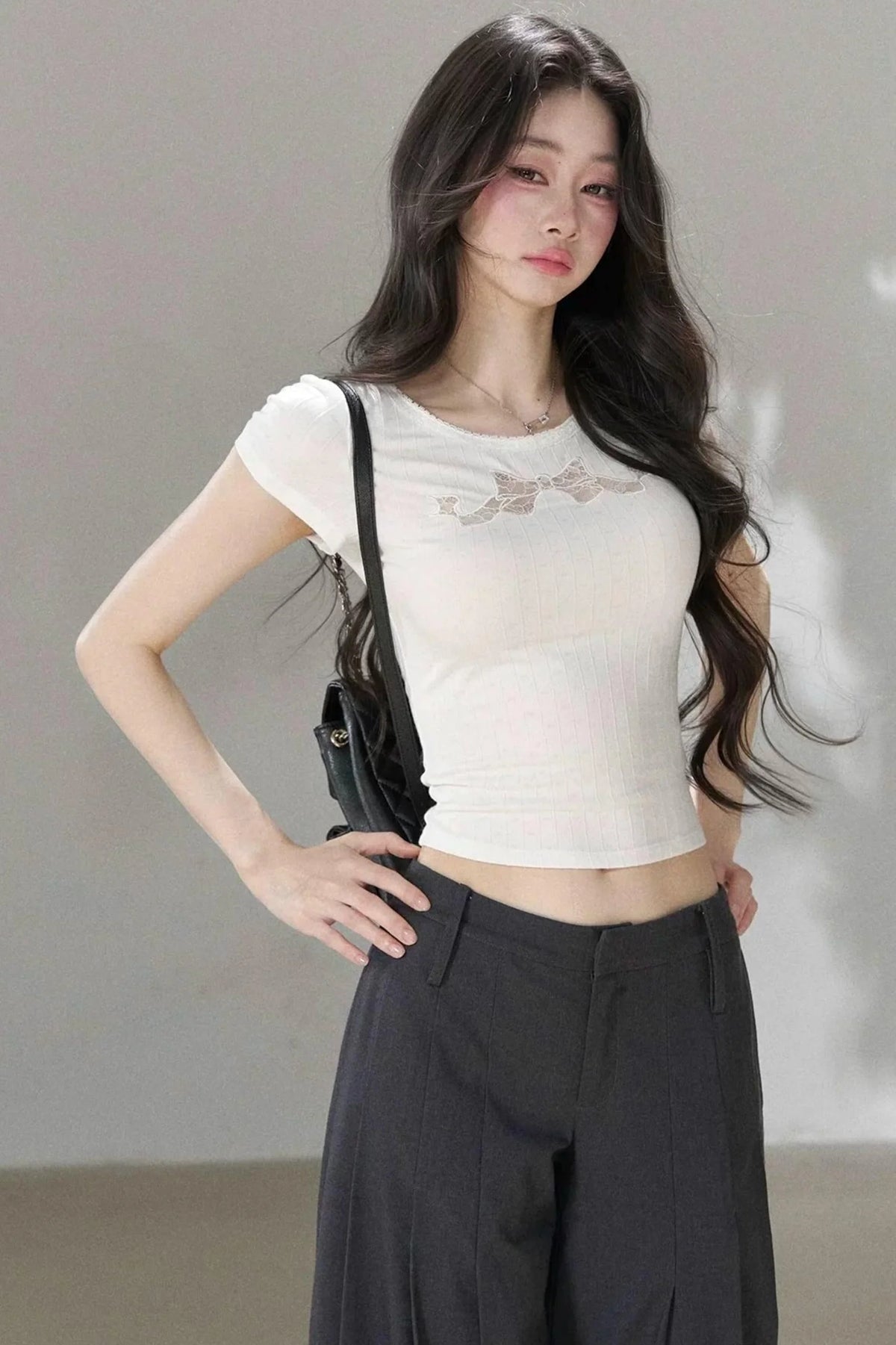 Bow Lace Cutout Short-Sleeve T-Shirt