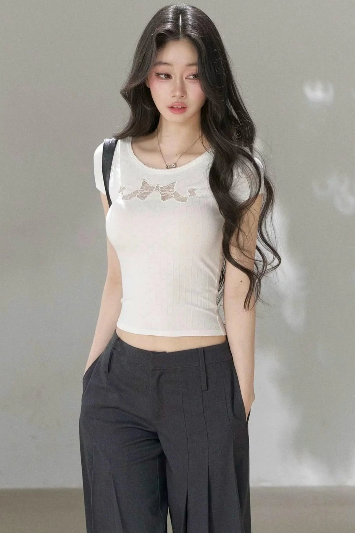 Bow Lace Cutout Short-Sleeve T-Shirt