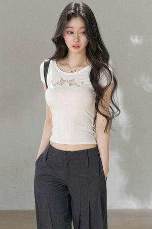 Bow Lace Cutout Short-Sleeve T-Shirt