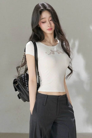 Bow Lace Cutout Short-Sleeve T-Shirt