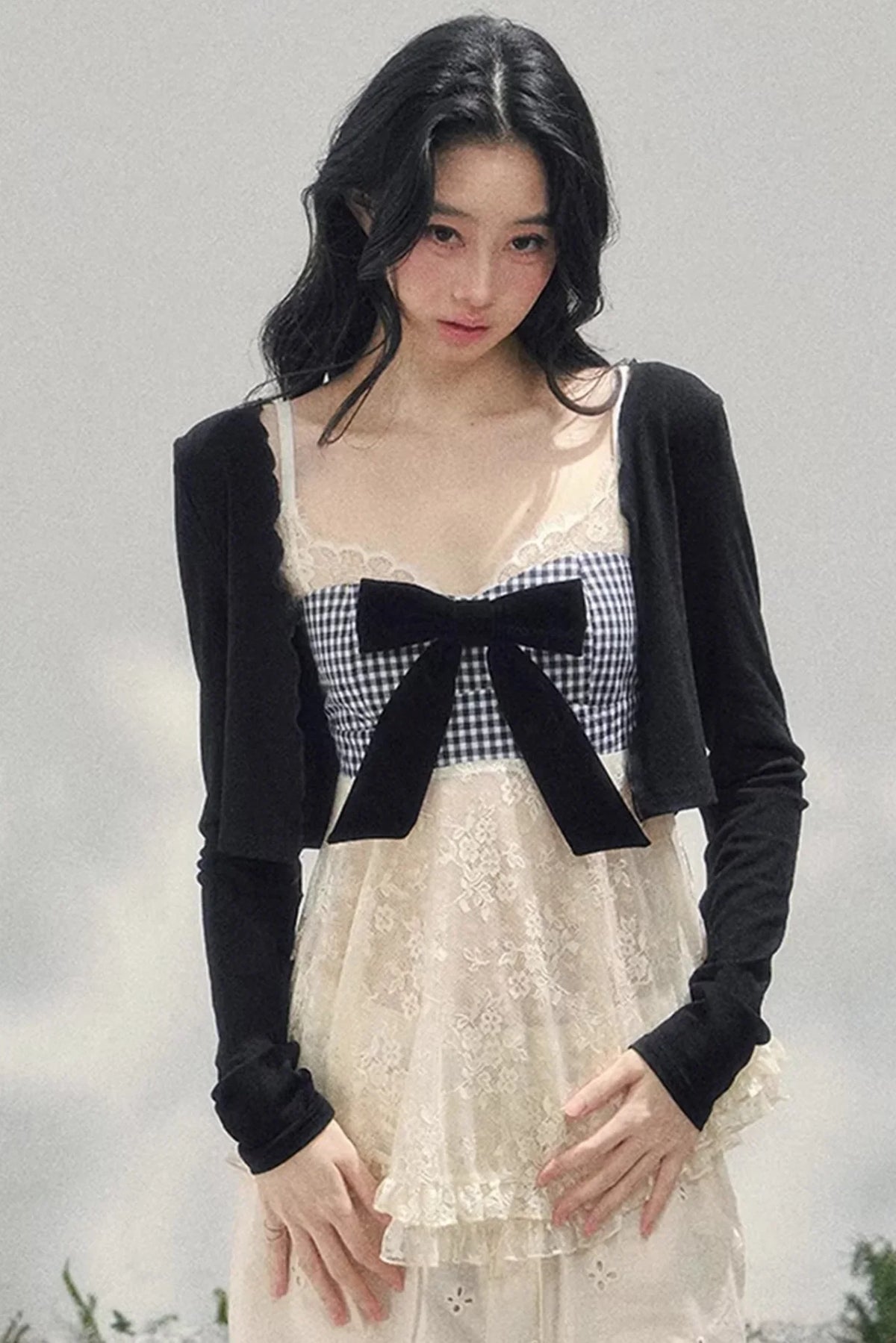 Bow Lace Plaid Top Set-Up
