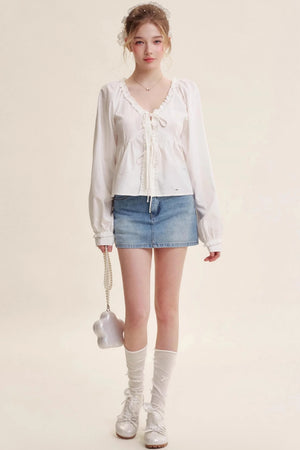 Bow Patch Denim Halter Skirt