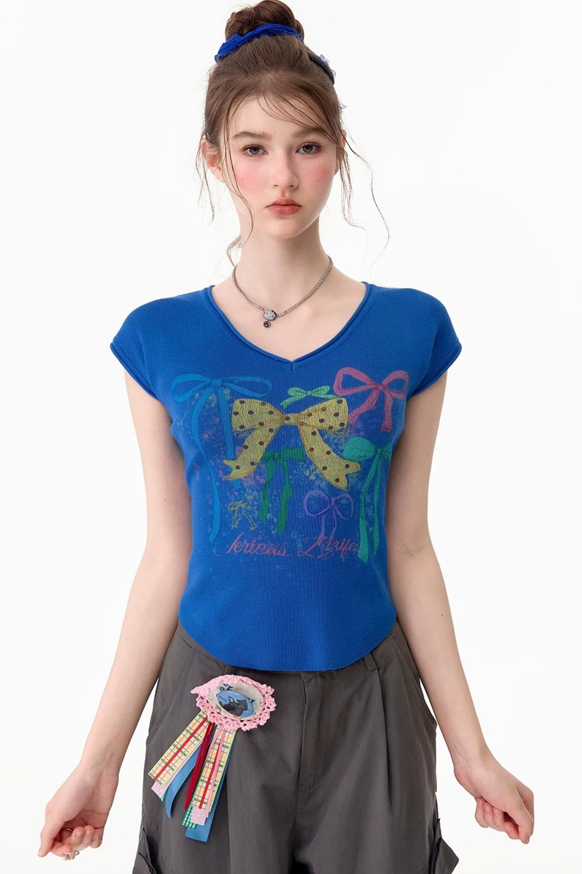 Bow Print V-Neck Short Sleeve T-Shirt
