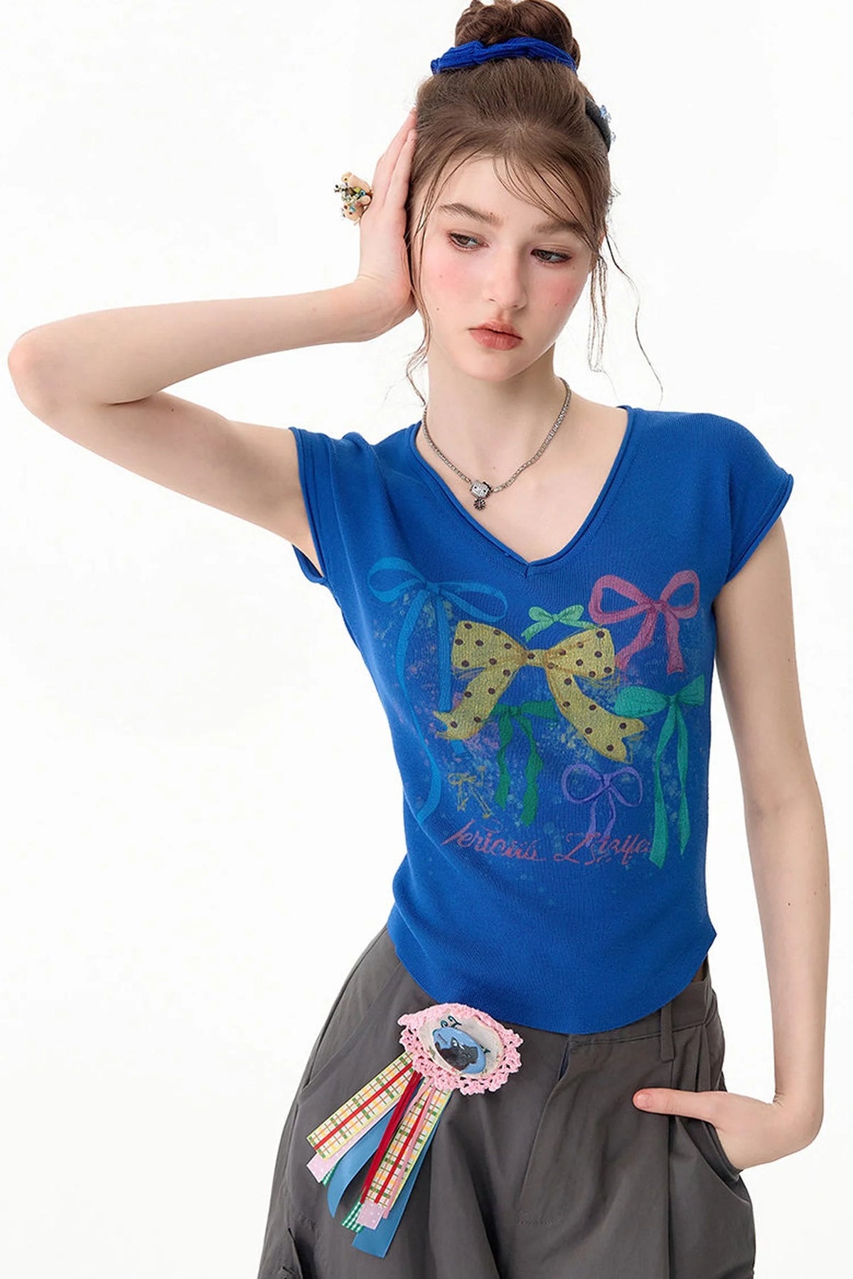 Bow Print V-Neck Short Sleeve T-Shirt