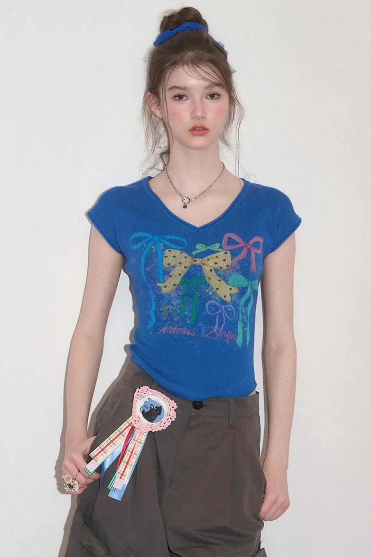 Bow Print V-Neck Short Sleeve T-Shirt