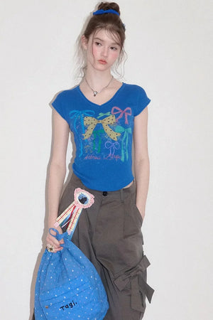 Bow Print V-Neck Short Sleeve T-Shirt