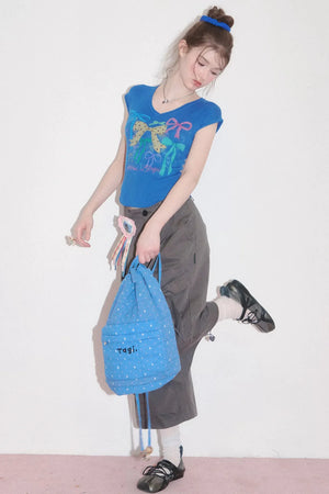 Bow Print V-Neck Short Sleeve T-Shirt